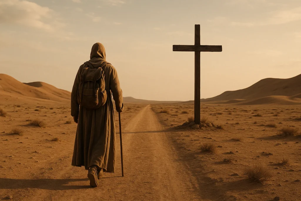 고전 회화풍으로 그려진 순례자가 십자가를 향해 걷는 장면, 광야 같은 벌판의 묵상 여정