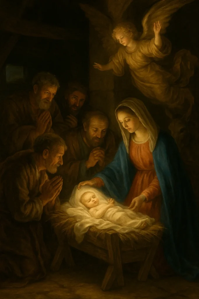 구유에 누우신 아기 예수님을 경배하는 목자와 마리아