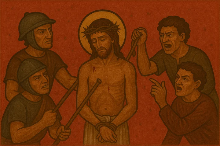 고통의 신비 – 가시관을 쓰심 예수님이 병사들에게 조롱당하며 가시관을 쓰신 장면, 붉은 배경의 전통 벽화 스타일