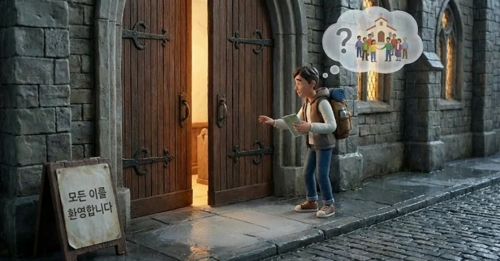 평화로운 동네 천주교 성당의 외부 전경과 열린 문